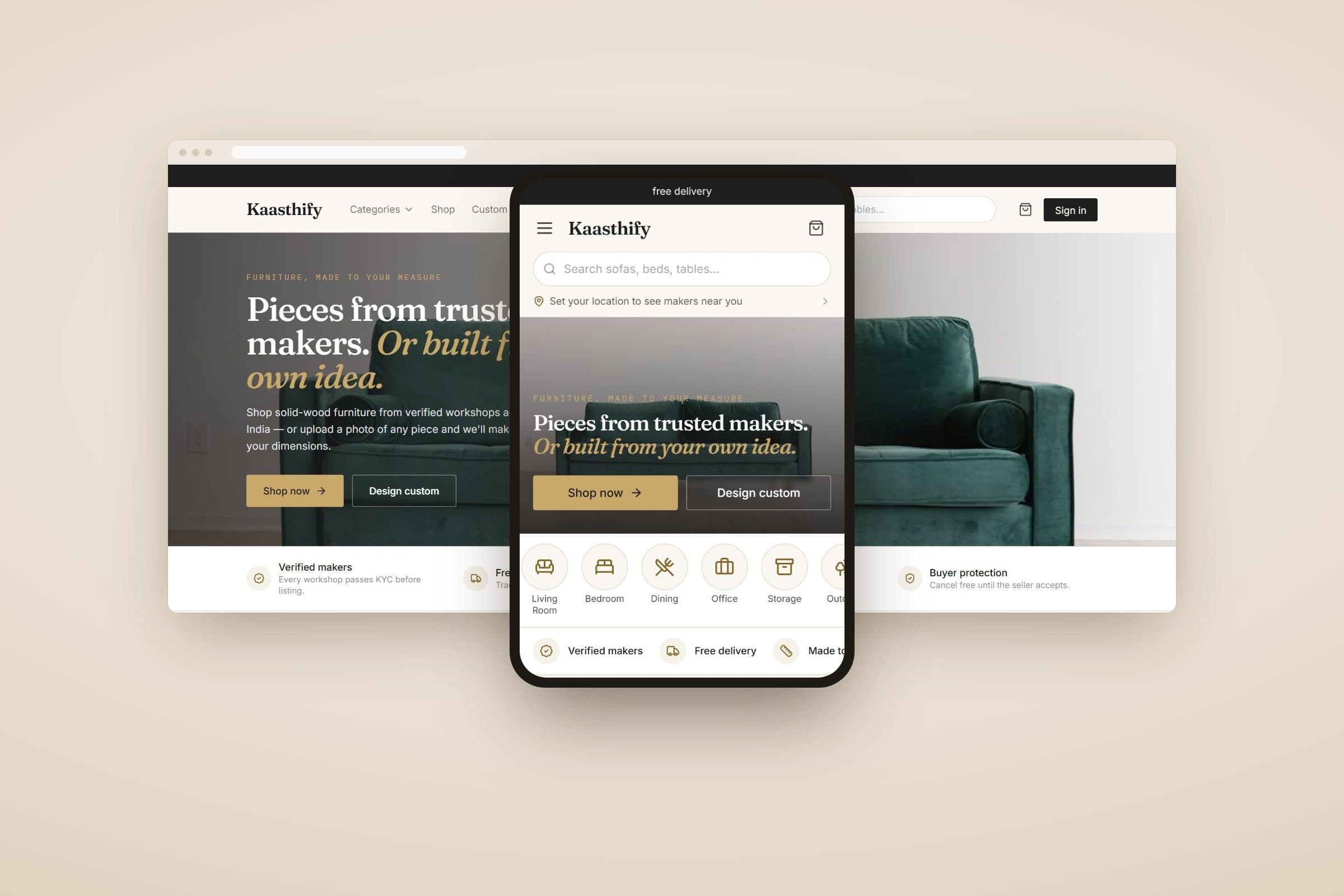 Kaasthify furniture marketplace shown on a desktop browser and a phone