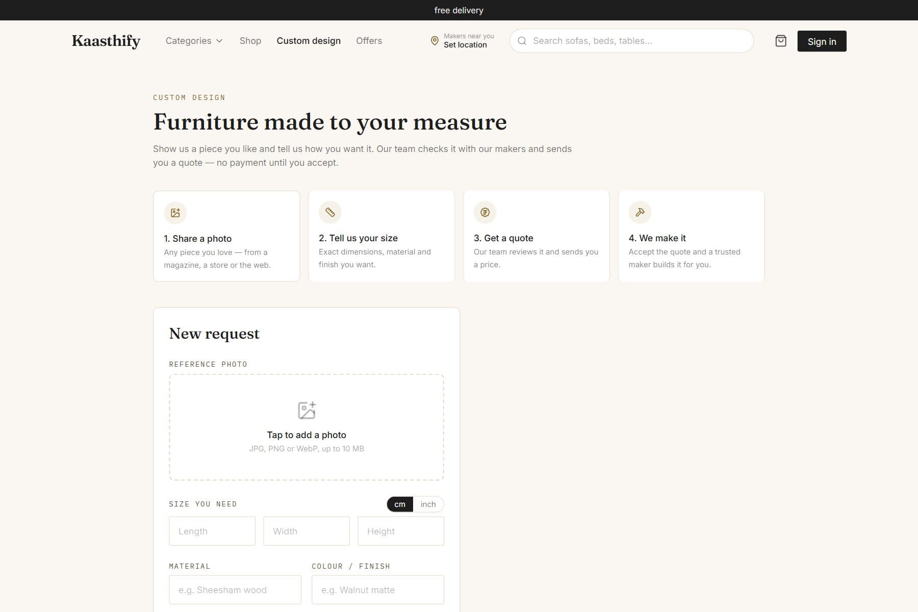 Kaasthify custom design flow: share a photo, set the size, get a quote