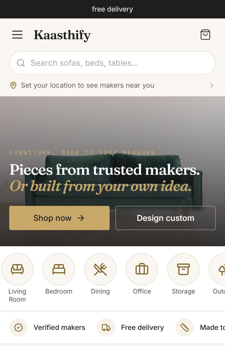 Kaasthify homepage on a phone with search, location and room categories