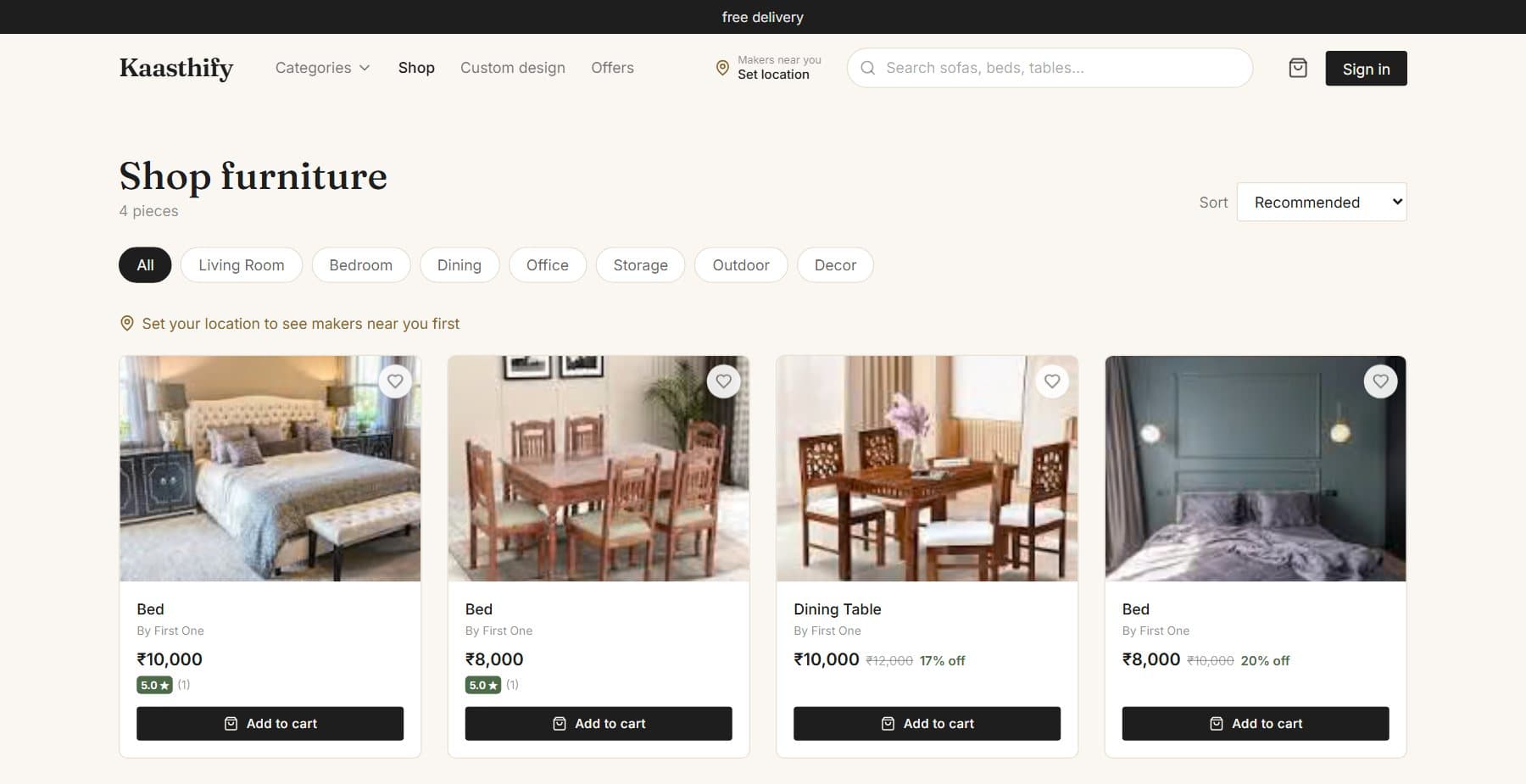 Kaasthify shop page with room filters and furniture listed by maker