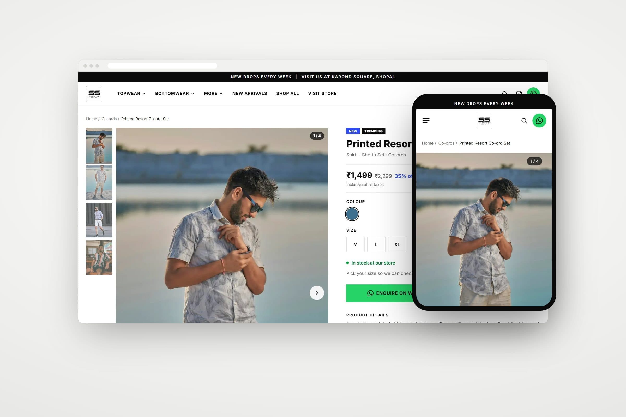 SS Clothing product page shown on a desktop browser and a phone