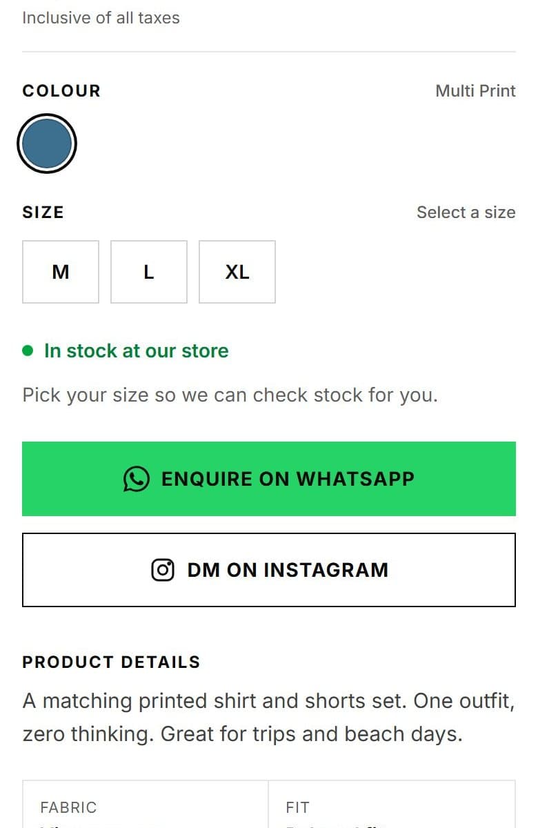 SS Clothing product on a phone: size picker, in-stock status, Enquire on WhatsApp and DM on Instagram