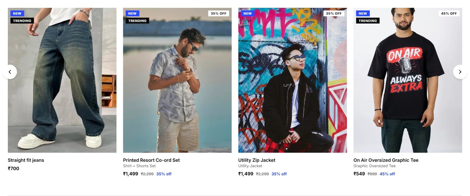 SS Clothing new arrivals row with New, Trending and discount labels