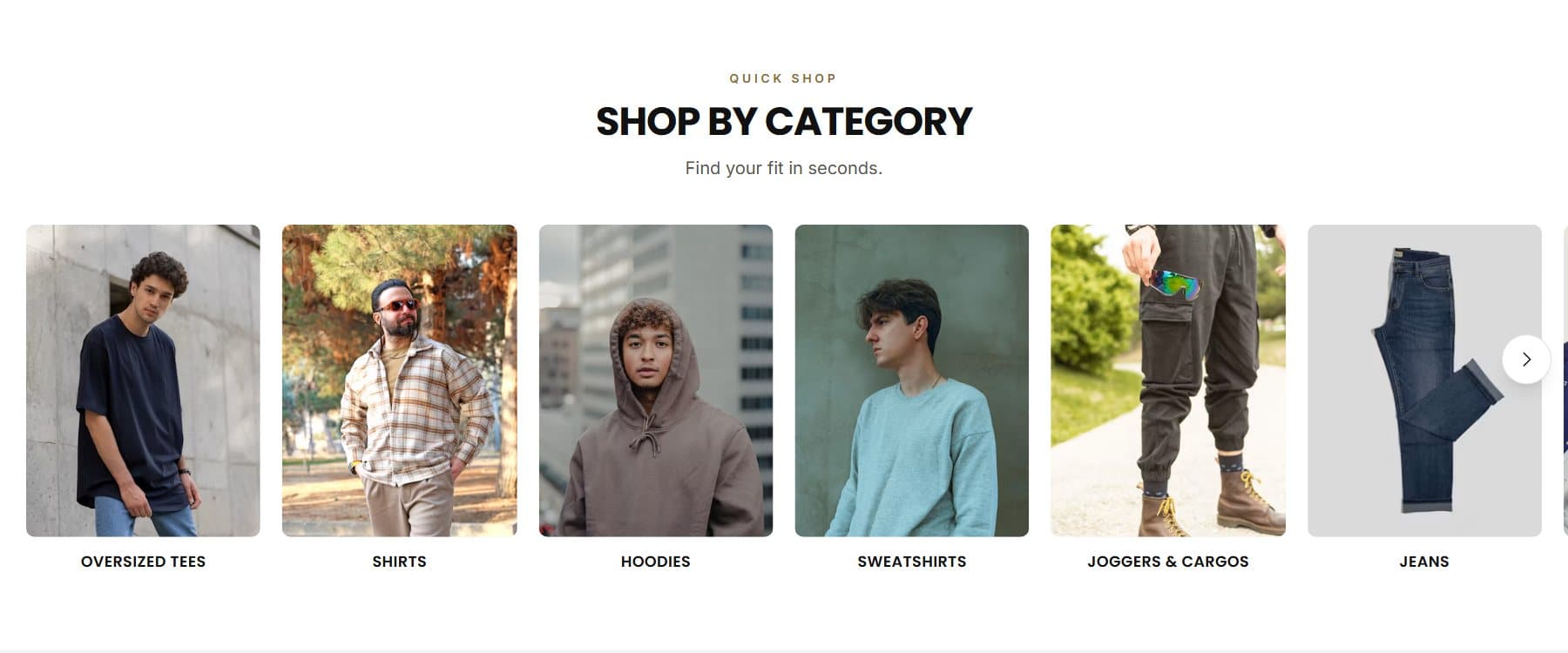 Regal Fit shop-by-category carousel: oversized tees, shirts, hoodies, sweatshirts, joggers and jeans