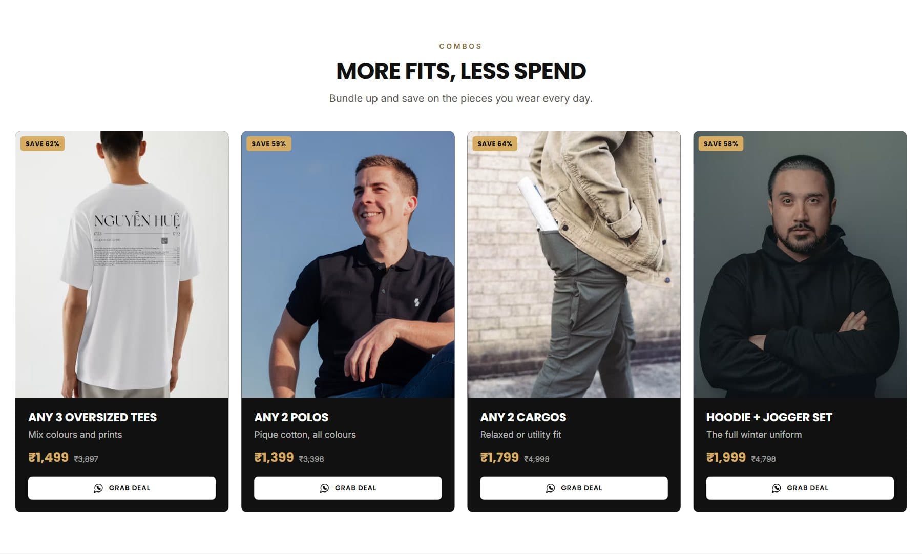 Regal Fit combo deals with bundle price, MRP and a Grab deal button that opens WhatsApp