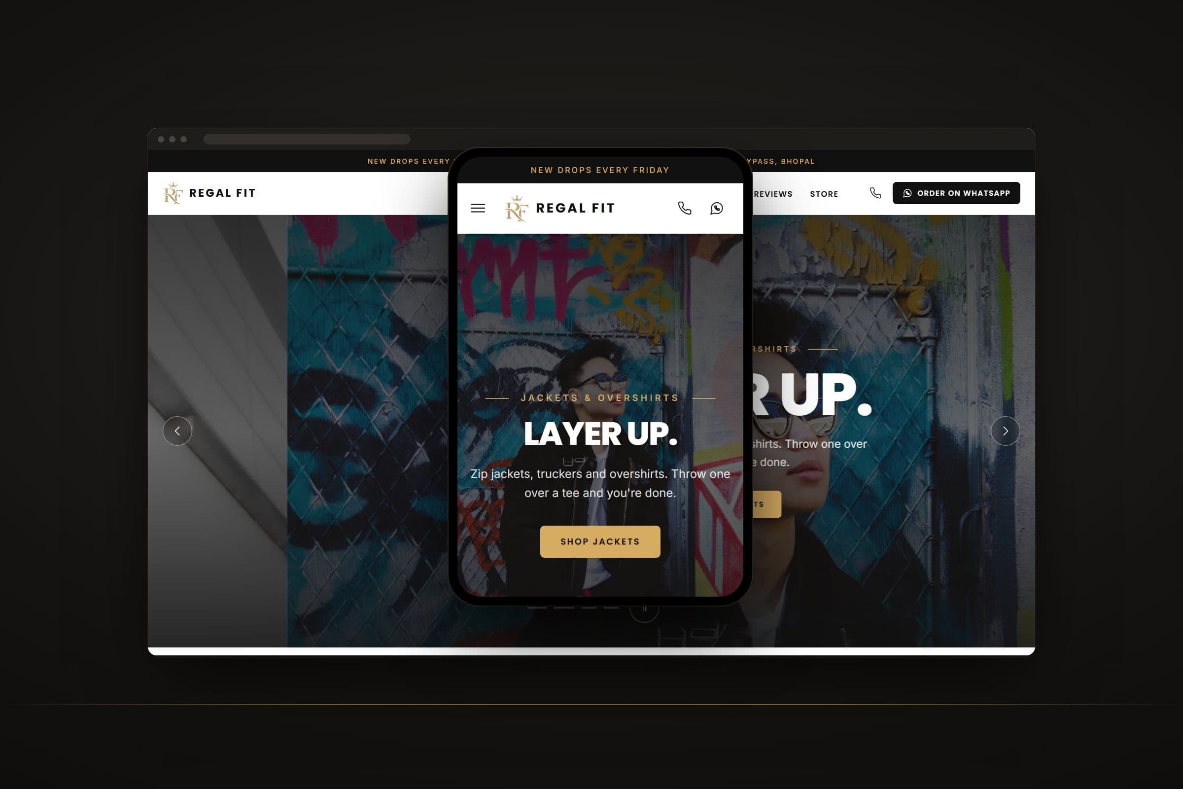 Regal Fit menswear website shown on a desktop browser and a phone